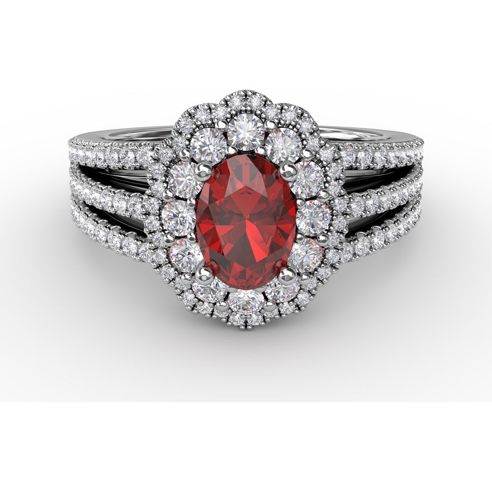 Triple Row Split Shank Ring with Double Halo Oval Ruby and Pavé Diamonds by Fana - 1.84 Carat Total Gemstone Weight