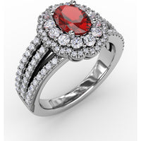 Triple Row Split Shank Ring with Double Halo Oval Ruby and Pavé Diamonds by Fana - 1.84 Carat Total Gemstone Weight