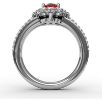 Triple Row Split Shank Ring with Double Halo Oval Ruby and Pavé Diamonds by Fana - 1.84 Carat Total Gemstone Weight