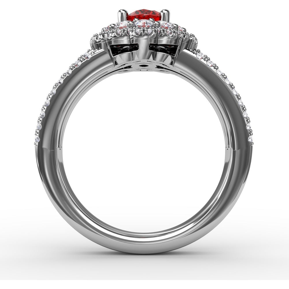 Triple Row Split Shank Ring with Double Halo Oval Ruby and Pavé Diamonds by Fana - 1.84 Carat Total Gemstone Weight