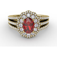 Triple Row Split Shank Ring with Double Halo Oval Ruby and Pavé Diamonds by Fana - 1.84 Carat Total Gemstone Weight