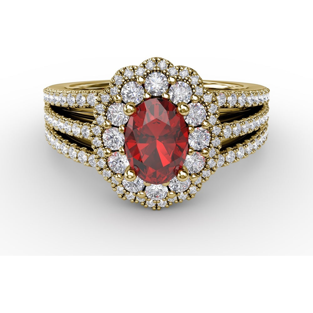Triple Row Split Shank Ring with Double Halo Oval Ruby and Pavé Diamonds by Fana - 1.84 Carat Total Gemstone Weight