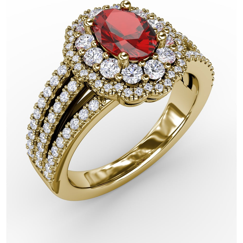 Triple Row Split Shank Ring with Double Halo Oval Ruby and Pavé Diamonds by Fana - 1.84 Carat Total Gemstone Weight