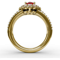 Triple Row Split Shank Ring with Double Halo Oval Ruby and Pavé Diamonds by Fana - 1.84 Carat Total Gemstone Weight