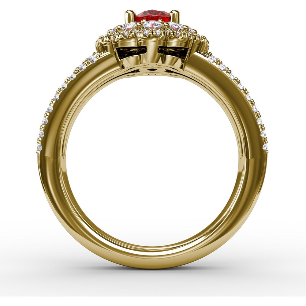 Triple Row Split Shank Ring with Double Halo Oval Ruby and Pavé Diamonds by Fana - 1.84 Carat Total Gemstone Weight