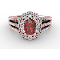 Triple Row Split Shank Ring with Double Halo Oval Ruby and Pavé Diamonds by Fana - 1.84 Carat Total Gemstone Weight