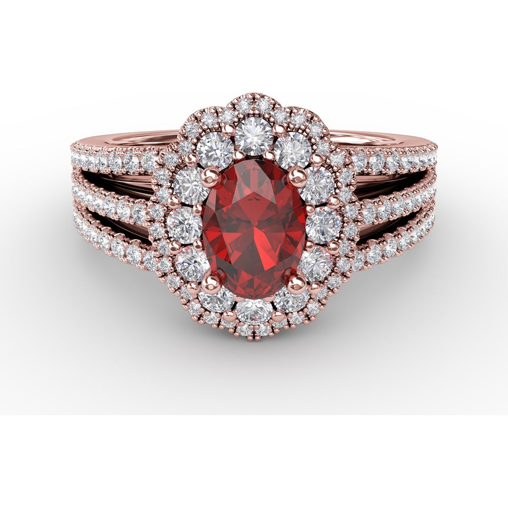 Triple Row Split Shank Ring with Double Halo Oval Ruby and Pavé Diamonds by Fana - 1.84 Carat Total Gemstone Weight