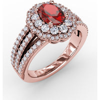 Triple Row Split Shank Ring with Double Halo Oval Ruby and Pavé Diamonds by Fana - 1.84 Carat Total Gemstone Weight