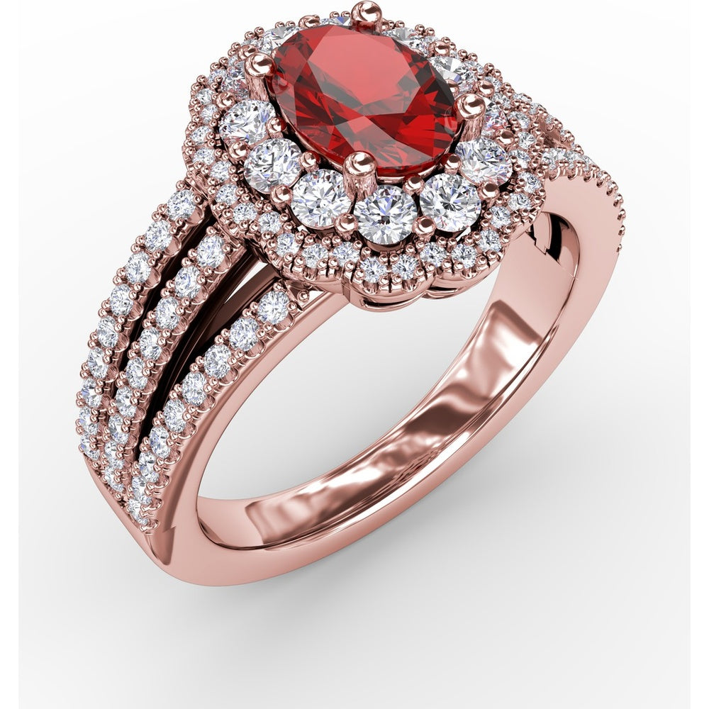 Triple Row Split Shank Ring with Double Halo Oval Ruby and Pavé Diamonds by Fana - 1.84 Carat Total Gemstone Weight