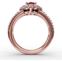 Triple Row Split Shank Ring with Double Halo Oval Ruby and Pavé Diamonds by Fana - 1.84 Carat Total Gemstone Weight