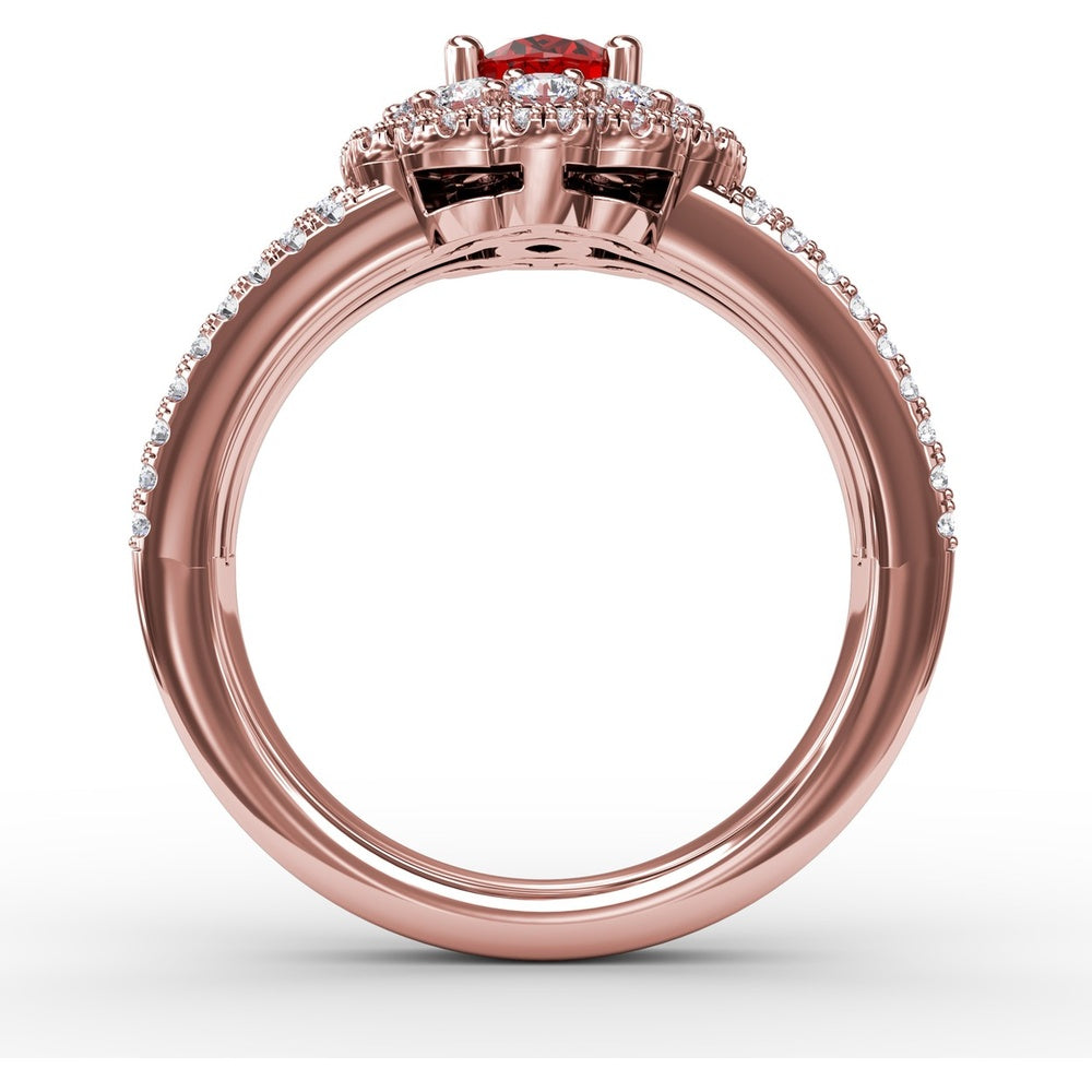 Triple Row Split Shank Ring with Double Halo Oval Ruby and Pavé Diamonds by Fana - 1.84 Carat Total Gemstone Weight