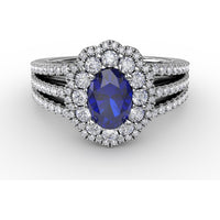 Triple Row Split Shank Ring with Double Halo Oval Sapphire and Round Diamonds by Fana - 1.97 Carat Total Gemstone Weight