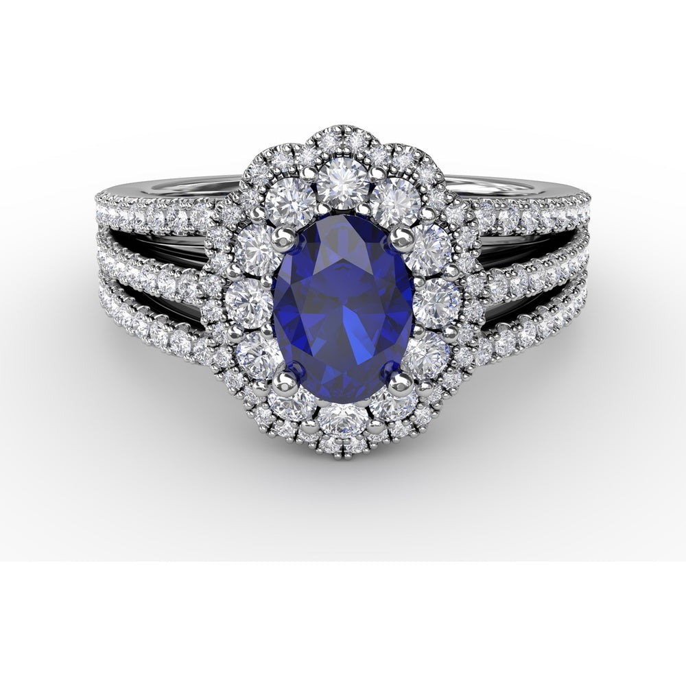 Triple Row Split Shank Ring with Double Halo Oval Sapphire and Round Diamonds by Fana - 1.97 Carat Total Gemstone Weight