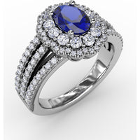 Triple Row Split Shank Ring with Double Halo Oval Sapphire and Round Diamonds by Fana - 1.97 Carat Total Gemstone Weight