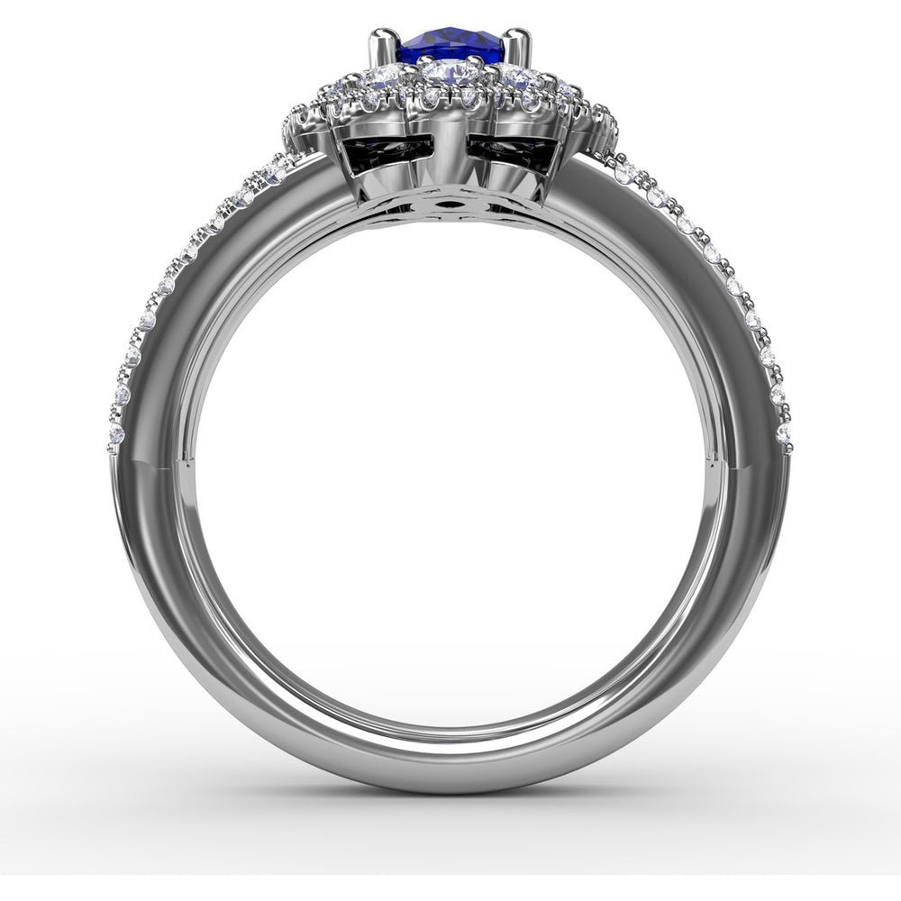 Triple Row Split Shank Ring with Double Halo Oval Sapphire and Round Diamonds by Fana - 1.97 Carat Total Gemstone Weight