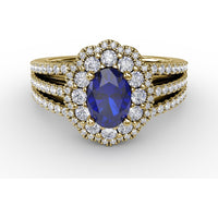 Triple Row Split Shank Ring with Double Halo Oval Sapphire and Round Diamonds by Fana - 1.97 Carat Total Gemstone Weight