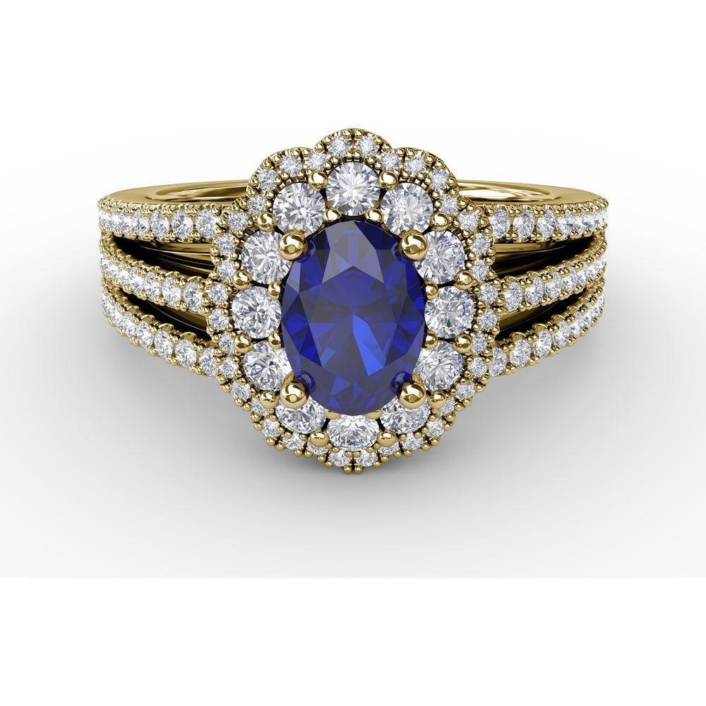 Triple Row Split Shank Ring with Double Halo Oval Sapphire and Round Diamonds by Fana - 1.97 Carat Total Gemstone Weight