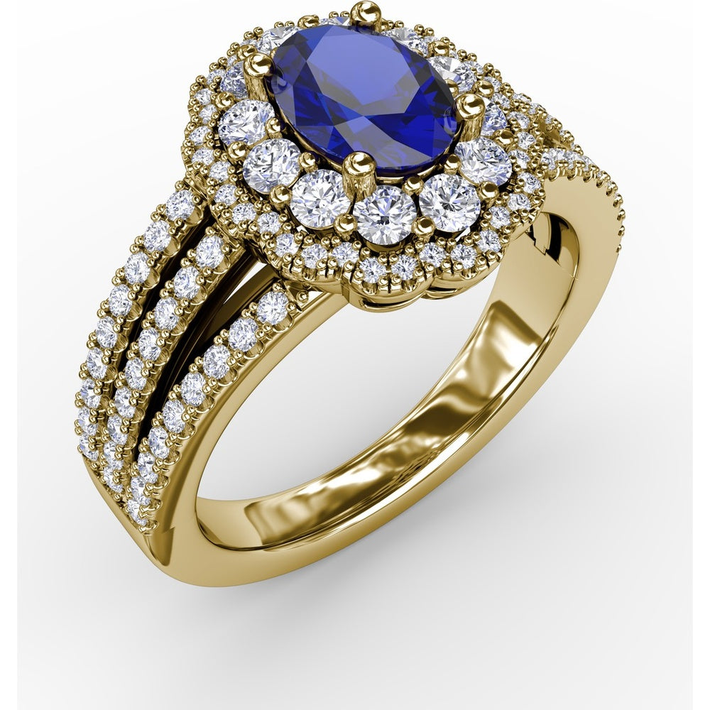 Triple Row Split Shank Ring with Double Halo Oval Sapphire and Round Diamonds by Fana - 1.97 Carat Total Gemstone Weight