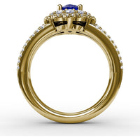 Triple Row Split Shank Ring with Double Halo Oval Sapphire and Round Diamonds by Fana - 1.97 Carat Total Gemstone Weight