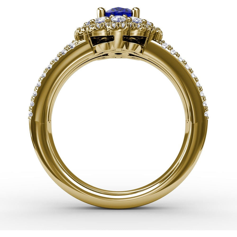 Triple Row Split Shank Ring with Double Halo Oval Sapphire and Round Diamonds by Fana - 1.97 Carat Total Gemstone Weight
