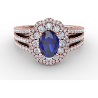 Triple Row Split Shank Ring with Double Halo Oval Sapphire and Round Diamonds by Fana - 1.97 Carat Total Gemstone Weight