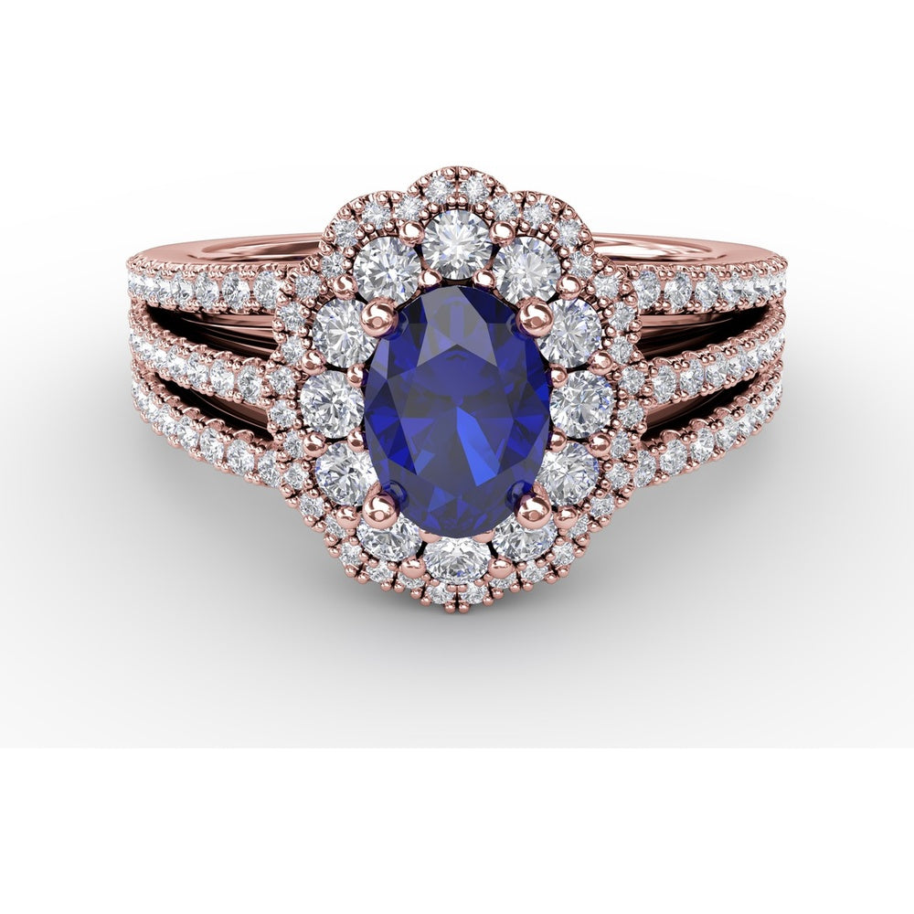 Triple Row Split Shank Ring with Double Halo Oval Sapphire and Round Diamonds by Fana - 1.97 Carat Total Gemstone Weight
