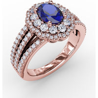 Triple Row Split Shank Ring with Double Halo Oval Sapphire and Round Diamonds by Fana - 1.97 Carat Total Gemstone Weight