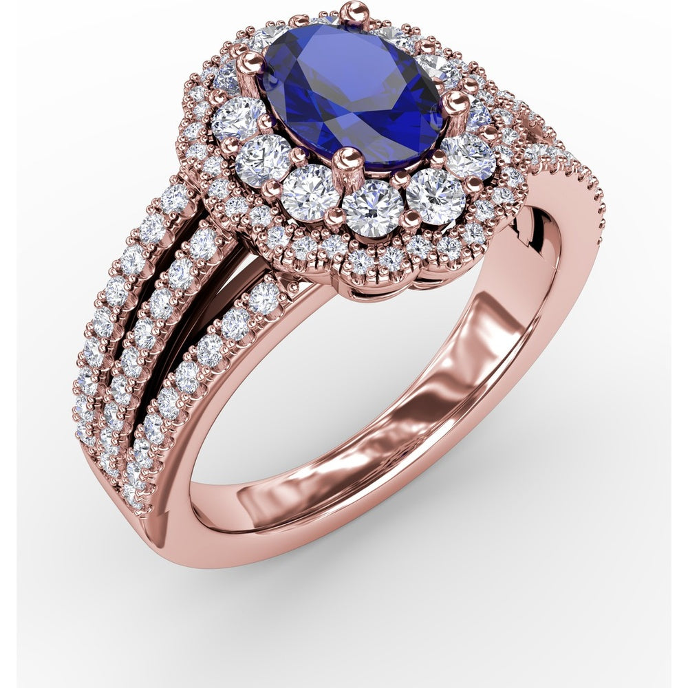 Triple Row Split Shank Ring with Double Halo Oval Sapphire and Round Diamonds by Fana - 1.97 Carat Total Gemstone Weight