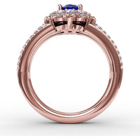 Triple Row Split Shank Ring with Double Halo Oval Sapphire and Round Diamonds by Fana - 1.97 Carat Total Gemstone Weight