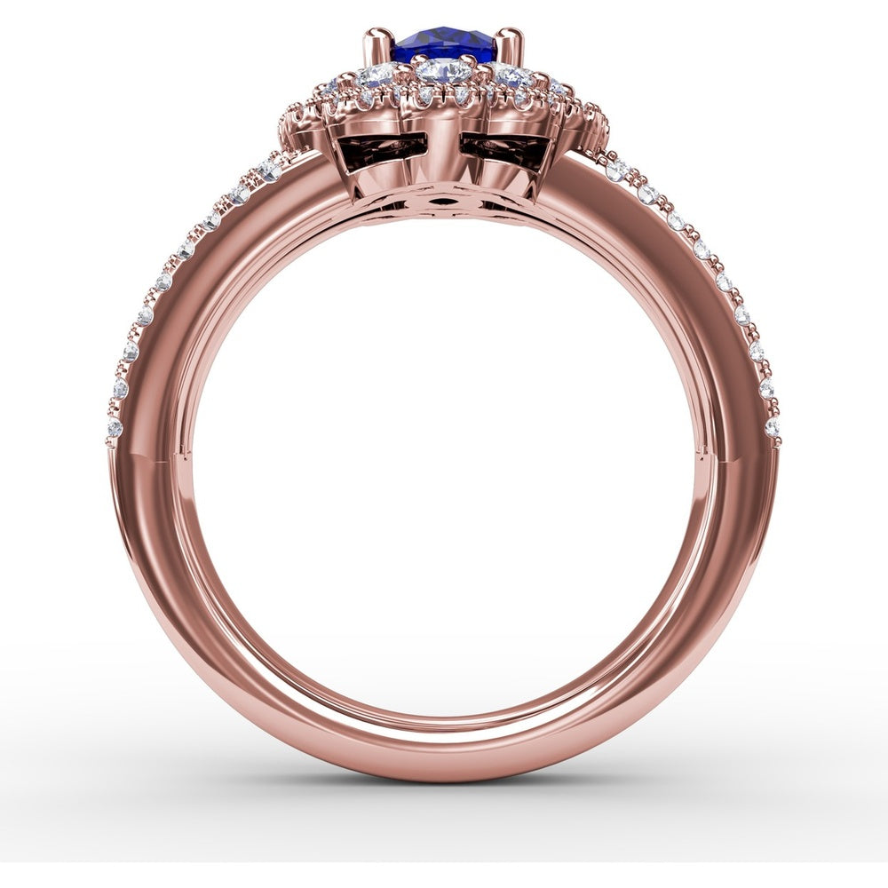 Triple Row Split Shank Ring with Double Halo Oval Sapphire and Round Diamonds by Fana - 1.97 Carat Total Gemstone Weight