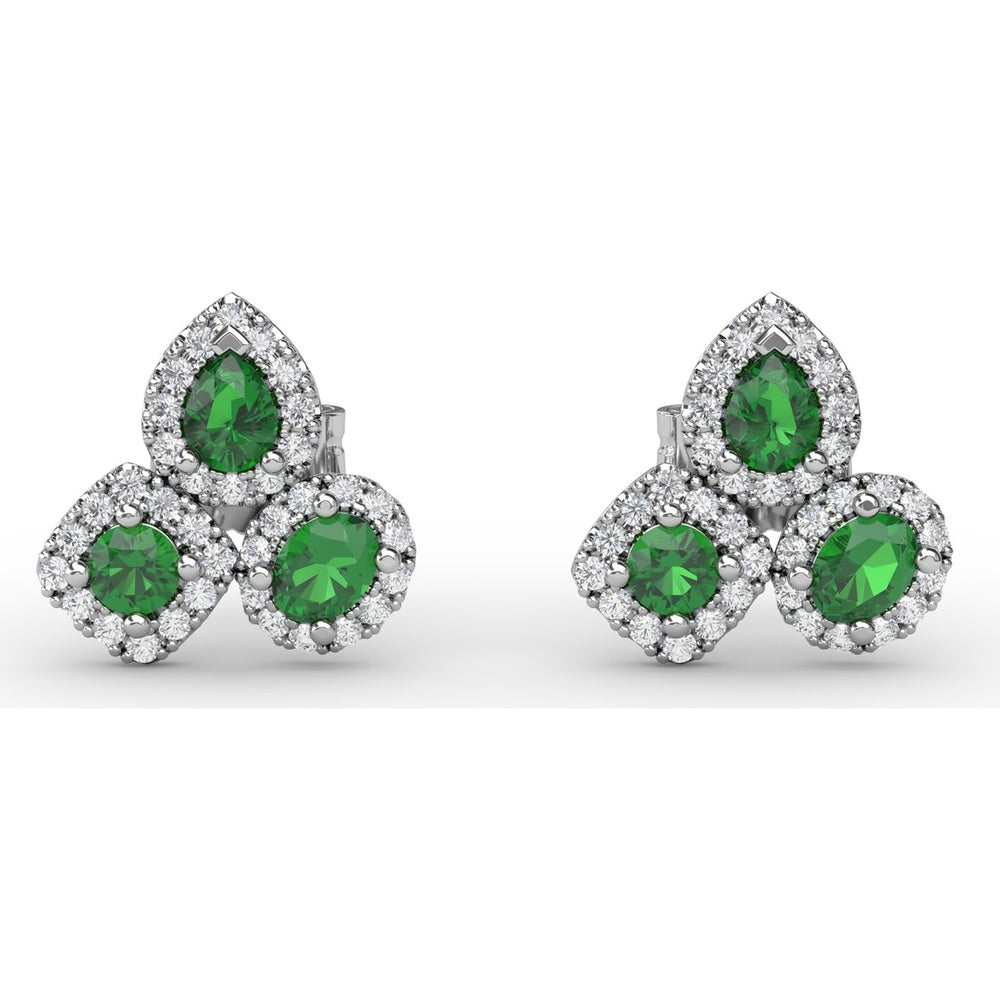 Triple Stone Emerald and Diamond Halo Stud Earrings by Fana - 1.39 Carat Total Gemstone Weight