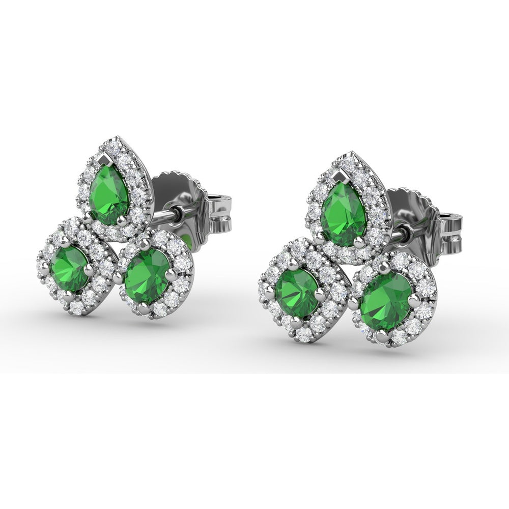 Triple Stone Emerald and Diamond Halo Stud Earrings by Fana - 1.39 Carat Total Gemstone Weight