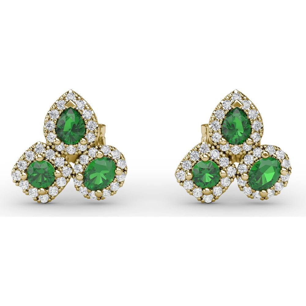 Triple Stone Emerald and Diamond Halo Stud Earrings by Fana - 1.39 Carat Total Gemstone Weight
