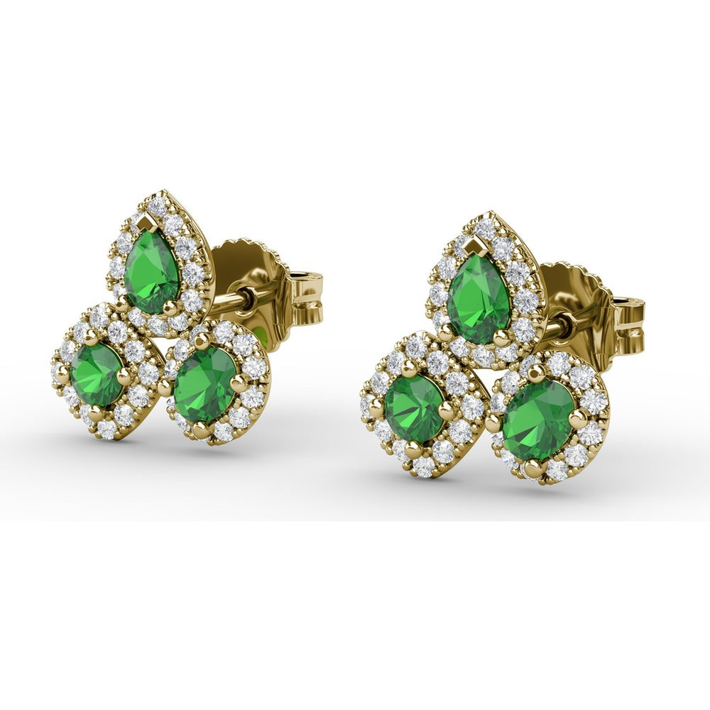 Triple Stone Emerald and Diamond Halo Stud Earrings by Fana - 1.39 Carat Total Gemstone Weight