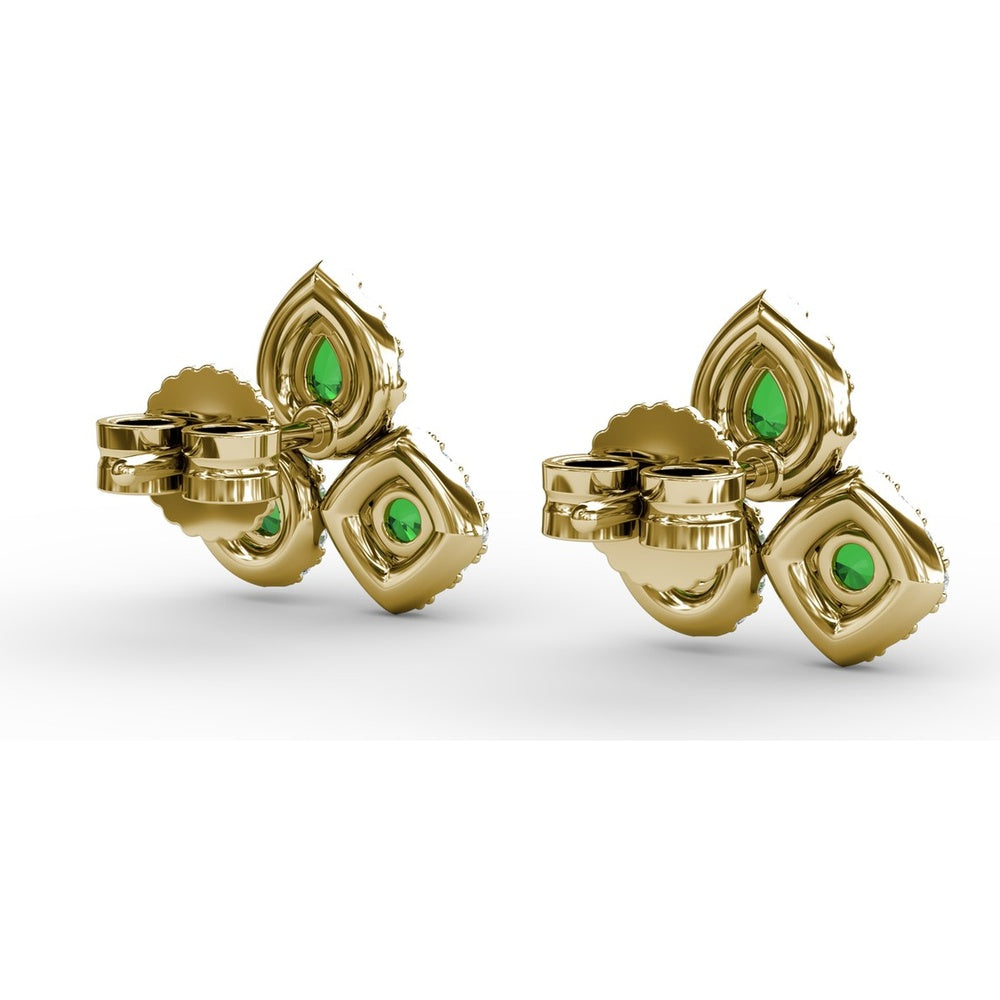 Triple Stone Emerald and Diamond Halo Stud Earrings by Fana - 1.39 Carat Total Gemstone Weight
