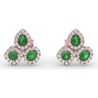 Triple Stone Emerald and Diamond Halo Stud Earrings by Fana - 1.39 Carat Total Gemstone Weight