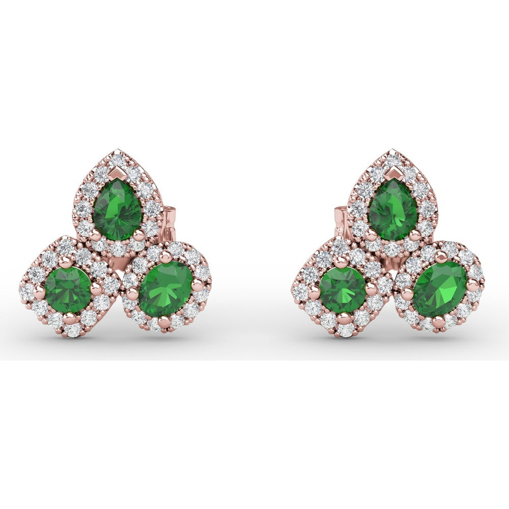 Triple Stone Emerald and Diamond Halo Stud Earrings by Fana - 1.39 Carat Total Gemstone Weight