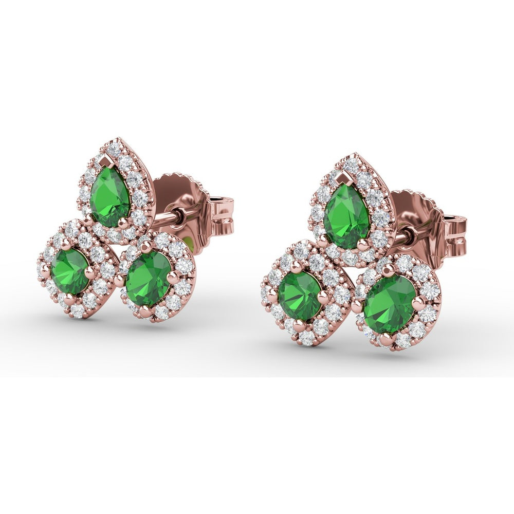 Triple Stone Emerald and Diamond Halo Stud Earrings by Fana - 1.39 Carat Total Gemstone Weight