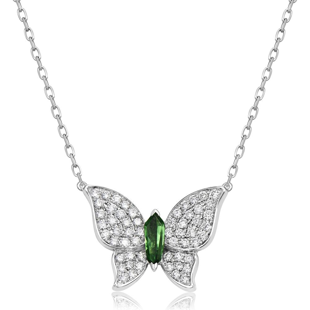 Tsavorite and Diamond Pavé Butterfly Necklace in 18K White Gold by Charles Krypell