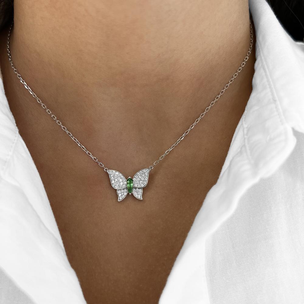 Tsavorite and Diamond Pavé Butterfly Necklace in 18K White Gold by Charles Krypell