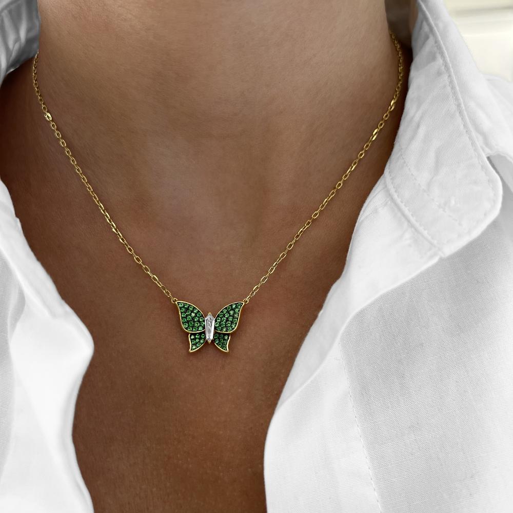 Tsavorite and Diamond Pavé Butterfly Necklace in 18K Yellow Gold by Charles Krypell