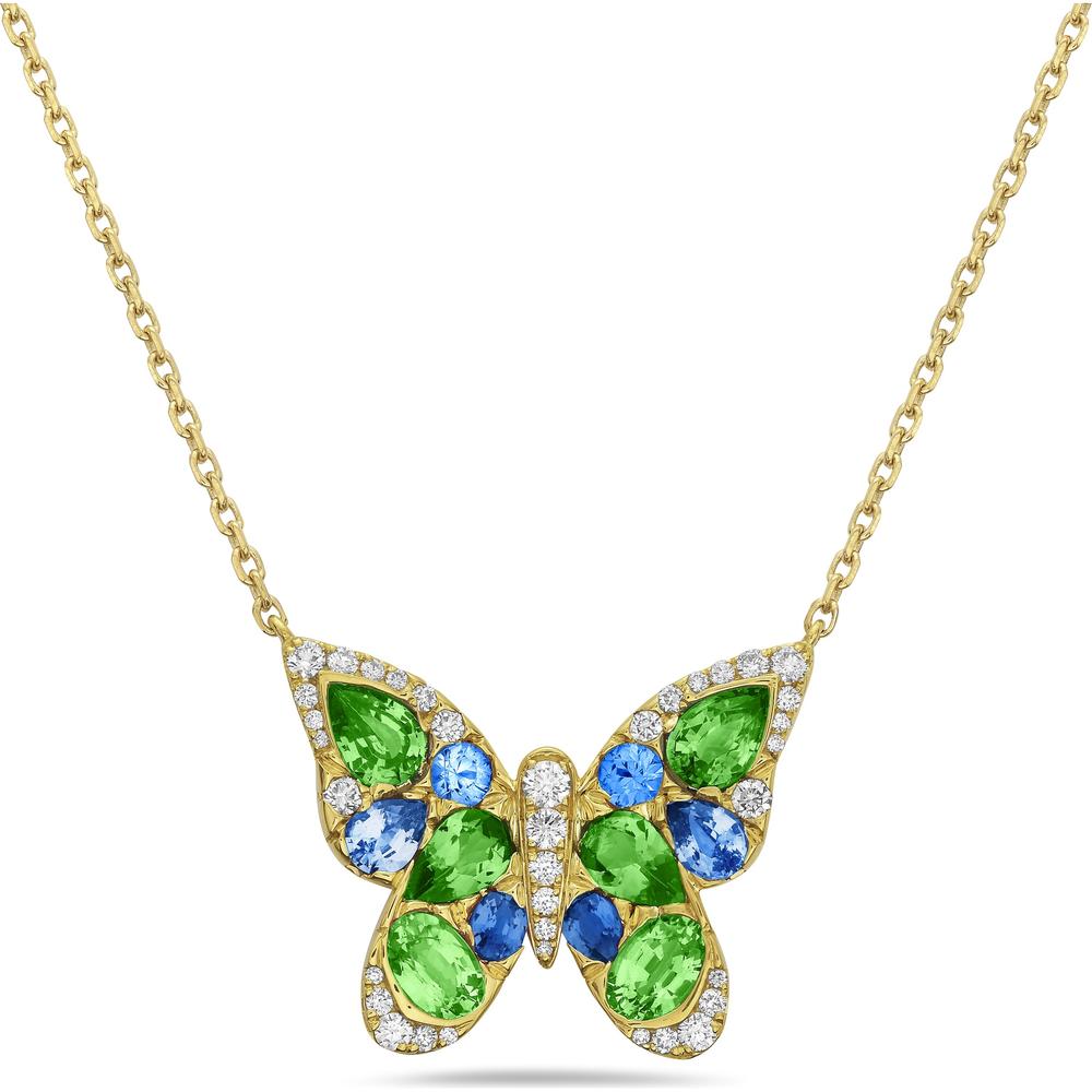 Tsavorite, Blue Sapphire and Diamond Mosaic Butterfly Necklace in 18K Yellow Gold by Charles Krypell