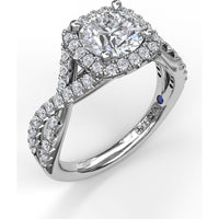 Twist Engagement Ring Setting with Cushion Halo and Pavé Diamonds by Fana - 0.53 Carat Total Diamond Weight
