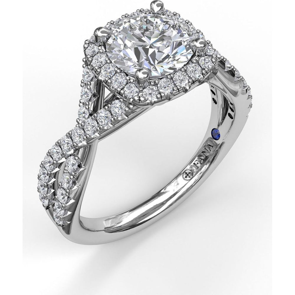 Twist Engagement Ring Setting with Cushion Halo and Pavé Diamonds by Fana - 0.53 Carat Total Diamond Weight