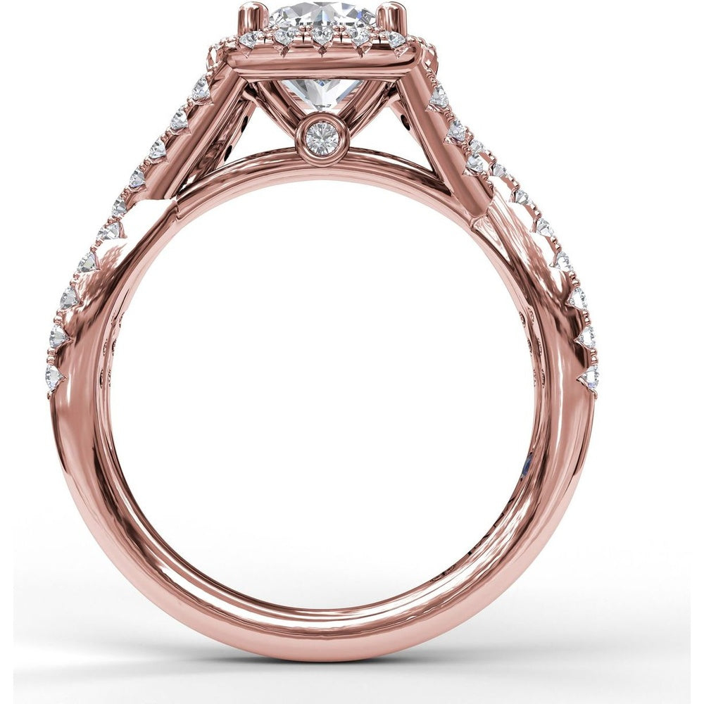 Twist Engagement Ring Setting with Cushion Halo and Pavé Diamonds by Fana - 0.53 Carat Total Diamond Weight