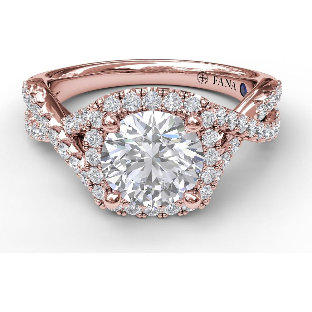 Twist Engagement Ring Setting with Cushion Halo and Pavé Diamonds by Fana - 0.53 Carat Total Diamond Weight