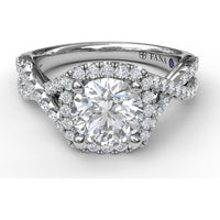 Twist Engagement Ring Setting with Cushion Halo and Pavé Diamonds by Fana - 0.53 Carat Total Diamond Weight