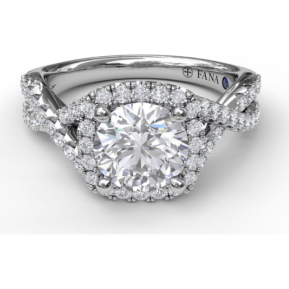 Twist Engagement Ring Setting with Cushion Halo and Pavé Diamonds by Fana - 0.53 Carat Total Diamond Weight