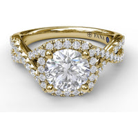 Twist Engagement Ring Setting with Cushion Halo and Pavé Diamonds by Fana - 0.53 Carat Total Diamond Weight