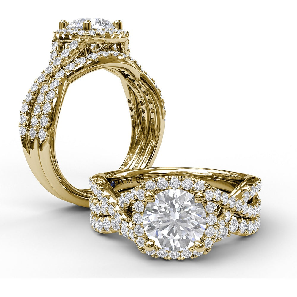 Twist Engagement Ring Setting with Cushion Halo and Pavé Diamonds by Fana - 0.53 Carat Total Diamond Weight